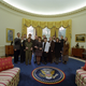 Top brass from Pixar in the Oval Office on November 9, 1998 in what’s described as “Camp David weekend guests” on contact sheets at the Clinton Library (Clinton Presidential Library)